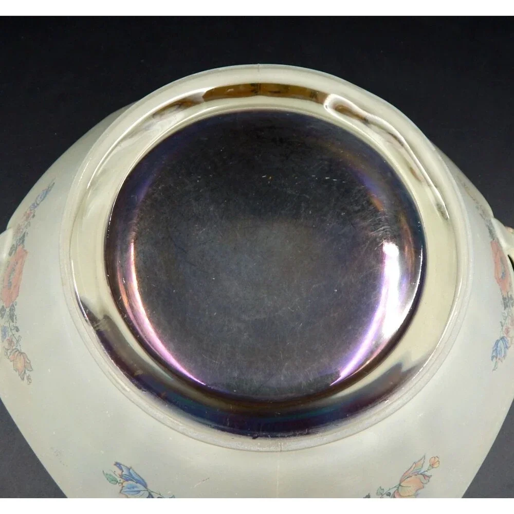 Glass Handled Serving Bowl Dish Floral Transfer Depression Glass 9 In Iridescent